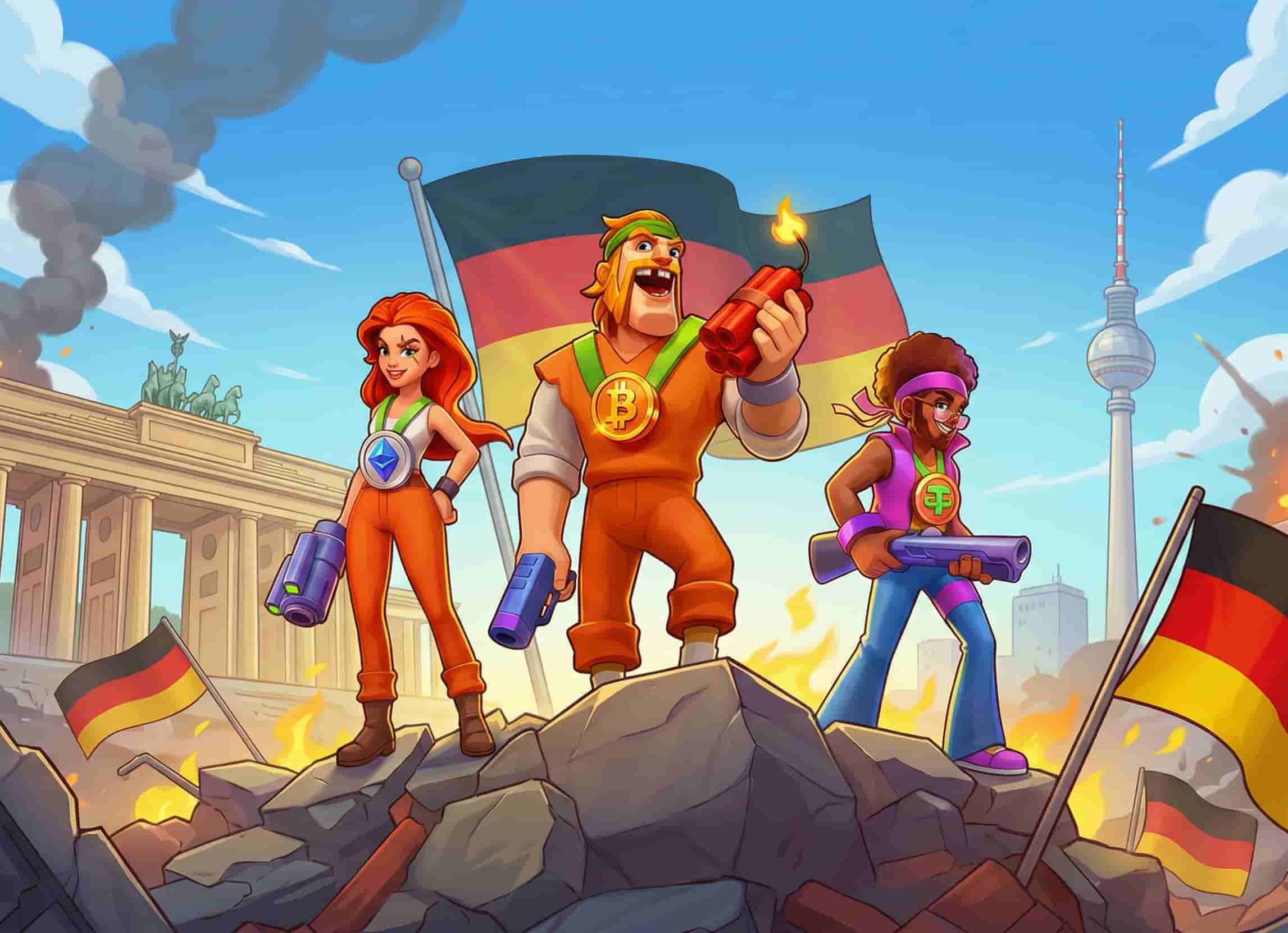 Das pistolo.com Team in Aktion vor der Berliner Skyline und deutschen Wahrzeichen.