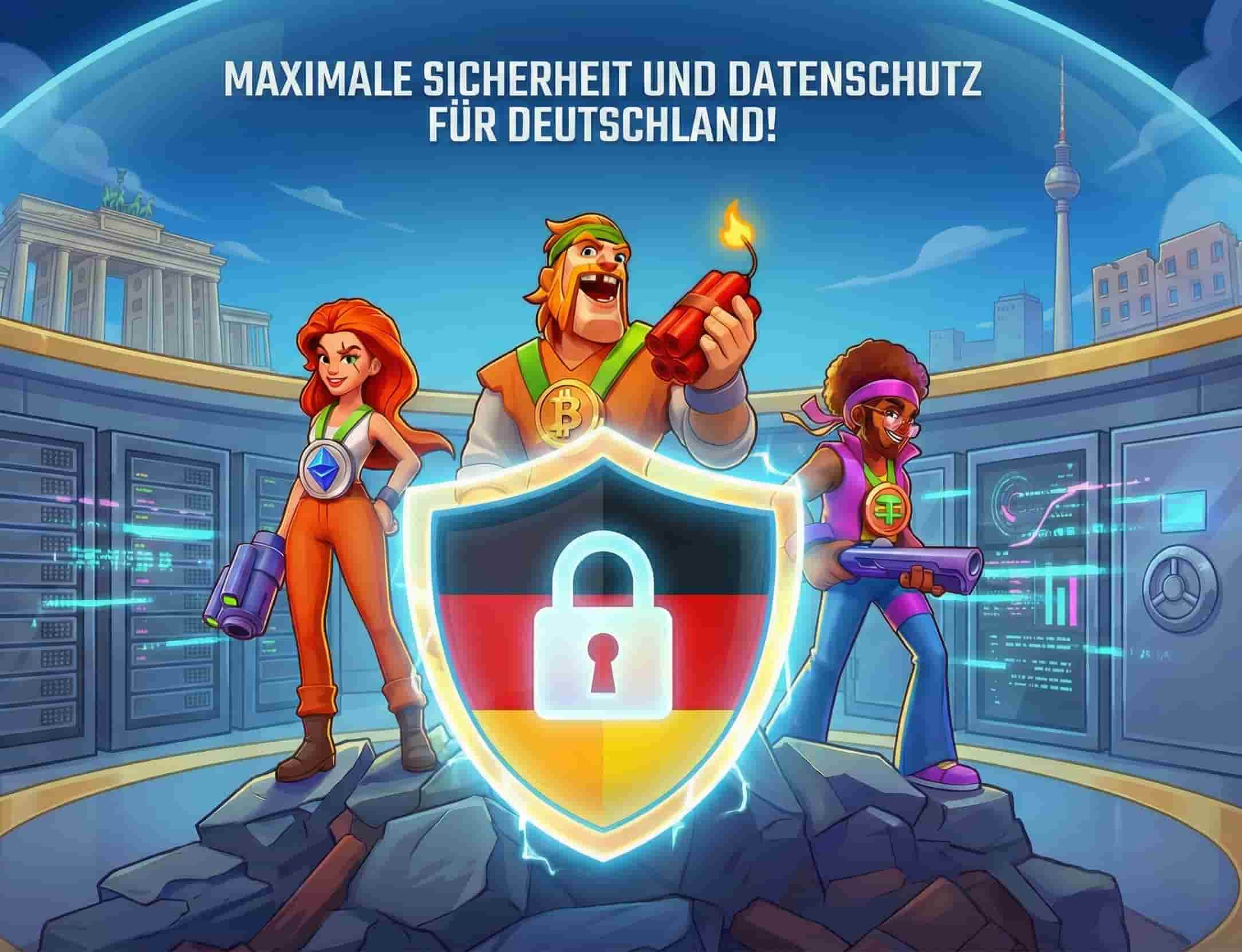 Maximale Sicherheit und Datenschutz in Deutschland bei, dargestellt durch Maskottchen und ein digitales Schutzschild.